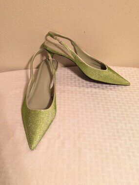 Zara Rhinestone Green sling back kitten heel Size 8